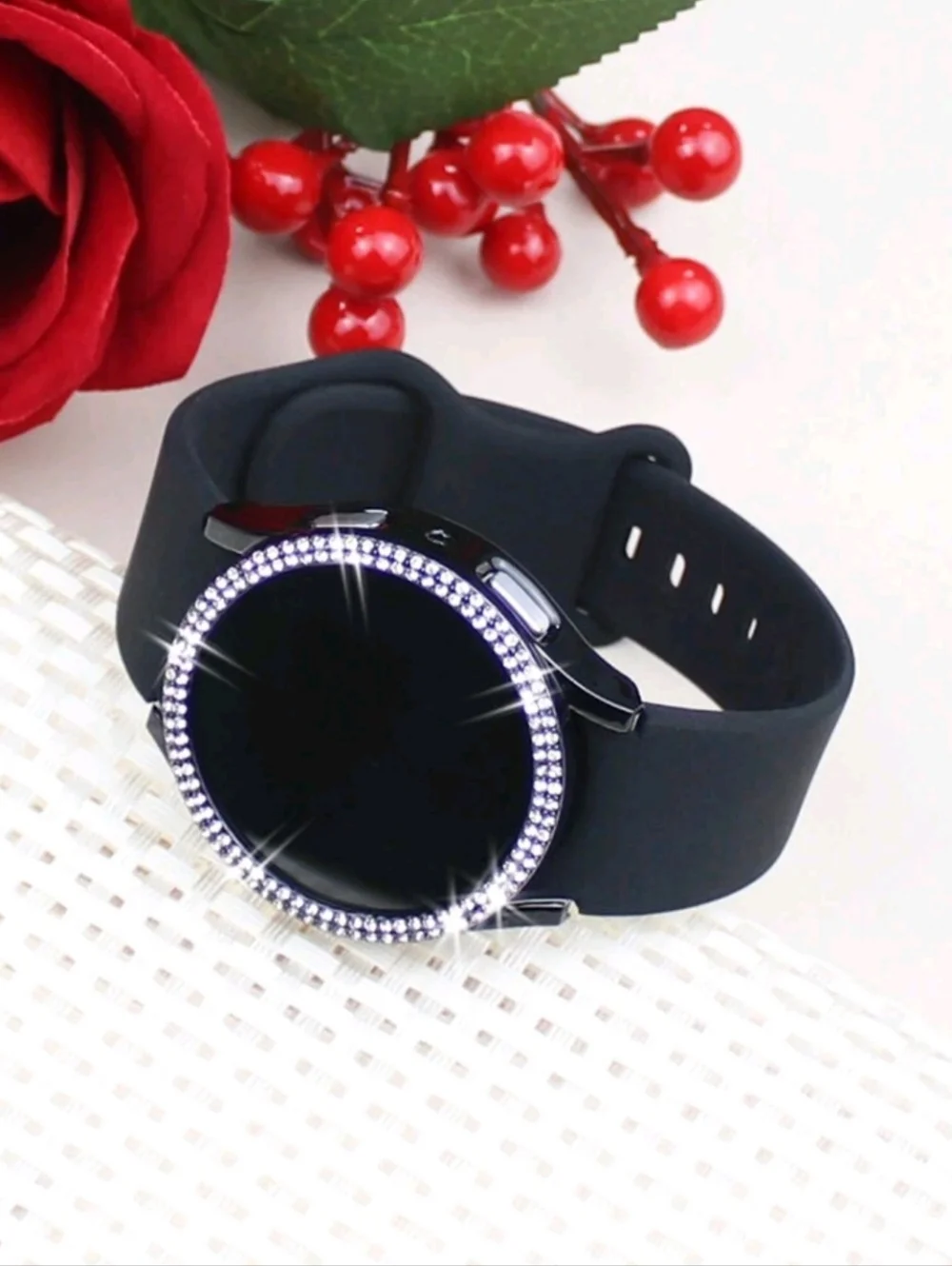 2 Pc. Samsung Galaxy Watch 4/5 44mm Black Rhinestone Case & Silicone Band